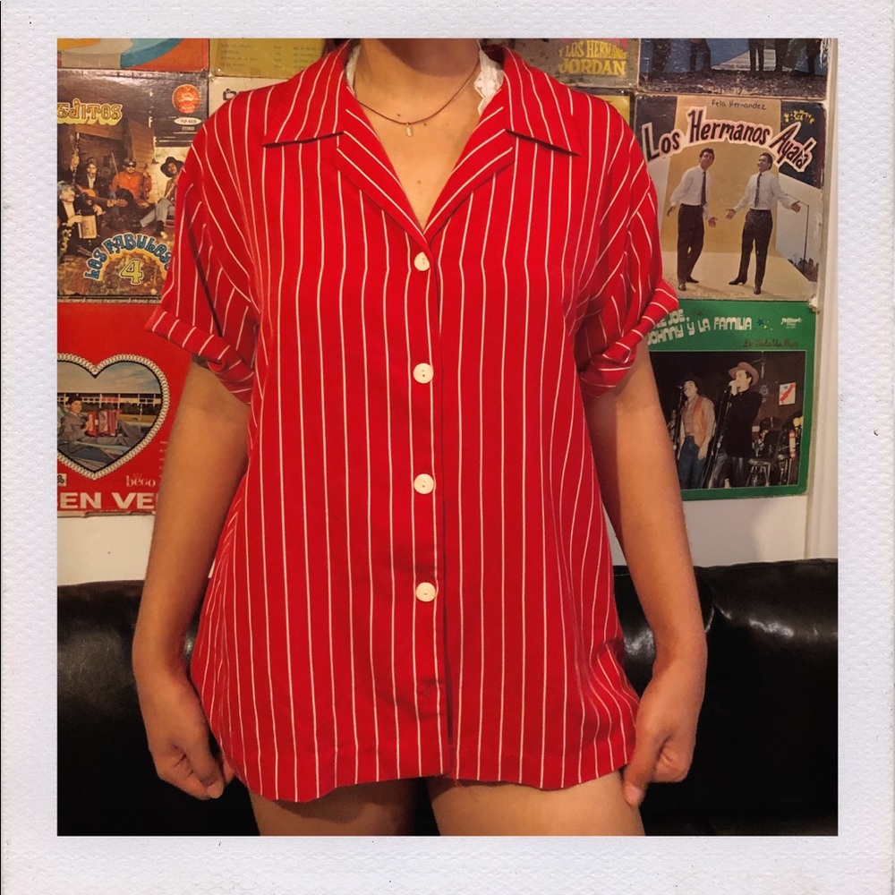 Red and white silk shirt